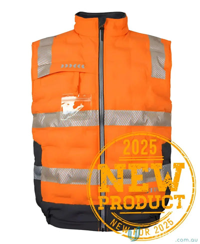 Orange and gray safety vest from HiVis Graphene Puffer Vest collection, lightweight puffer vest