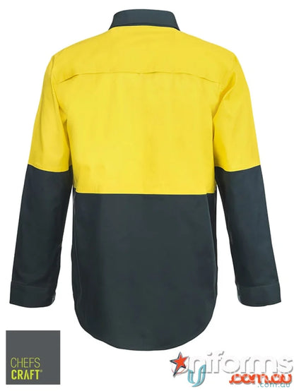 HiVis Half Placket closed front drill shirt with reinforced stress points and twin needle stitching
