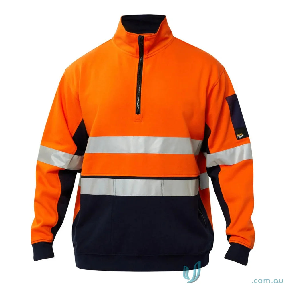 Orange and navy HiVis Half Zip Cotton Pullover hoodie for high visibility and comfort