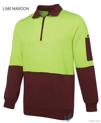 Lime and maroon long-sleeved work shirt perfect for uniforms from JBs HiVis Half Zip Fleecy Jumper