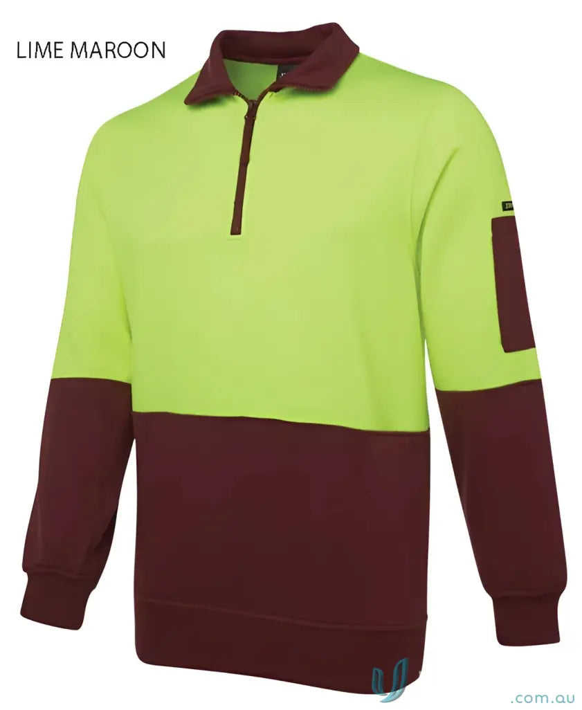 Lime and maroon long-sleeved work shirt perfect for uniforms from JBs HiVis Half Zip Fleecy Jumper