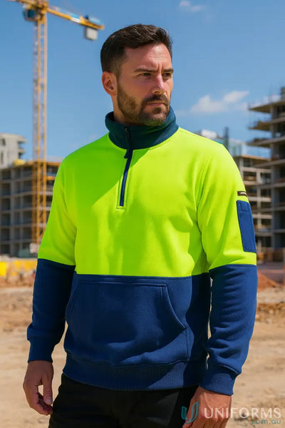 Mens HiVis Half Zip Fleecy Jumper in lime navy or orange navy for uniforms