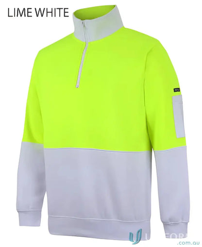Lime and white quarter-zip sweatshirt from JBs HiVis Half Zip Fleecy Jumper for uniforms