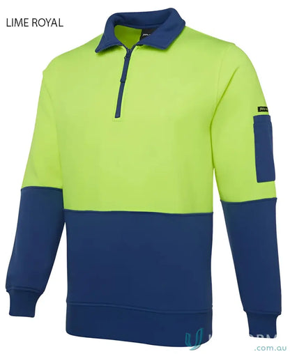 Two-tone lime and royal blue collared sweatshirt from JBs HiVis Half Zip Fleecy Jumper, perfect for uniforms