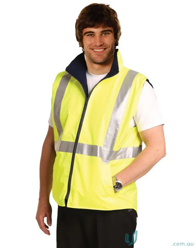 Yellow HiVis Hooded Puffer Vest with reflective stripes, perfect construction workers workwear