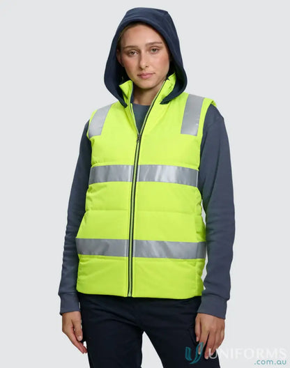 HiVis Hooded Puffer Vest for construction workers workwear, reliable hooded puffer vest