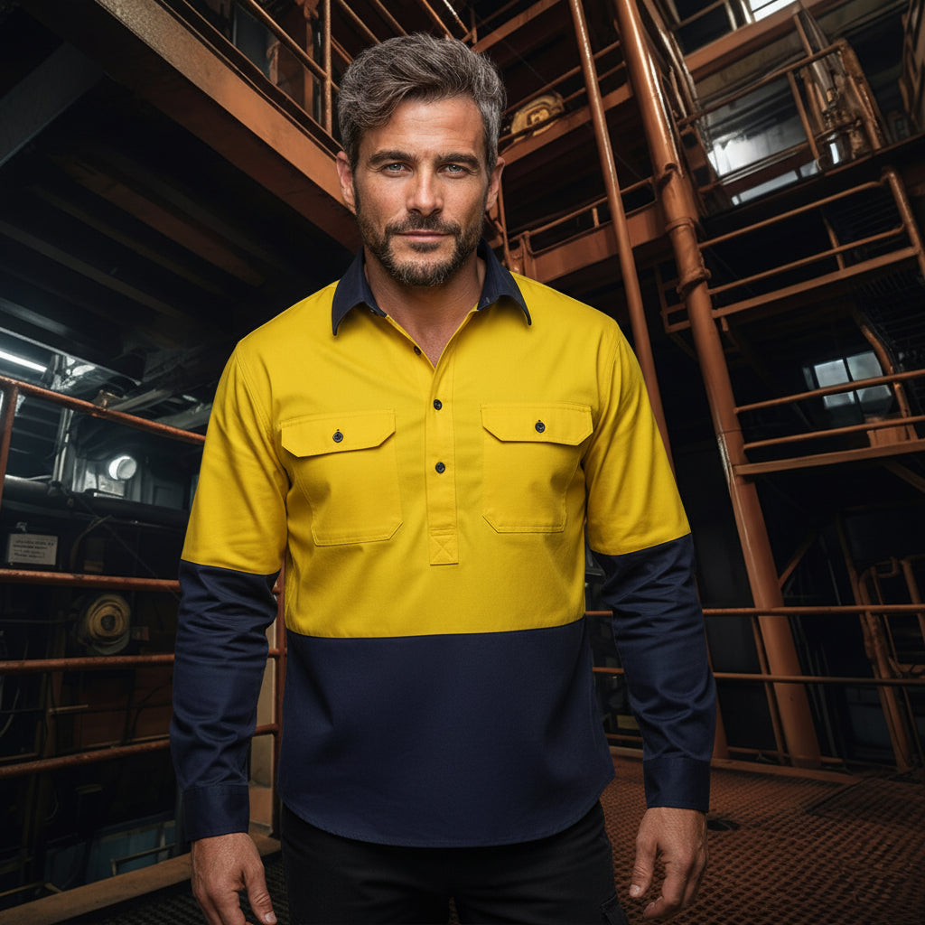 HiVis Hybrid two tone shirt in bright yellow navy lightweight cotton workwear
