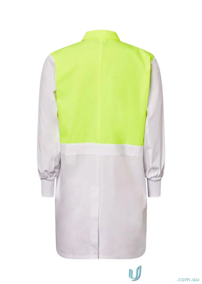 White and neon yellow long-sleeved workcraft hivis internal dustcoat for industrial laundry or kitchens