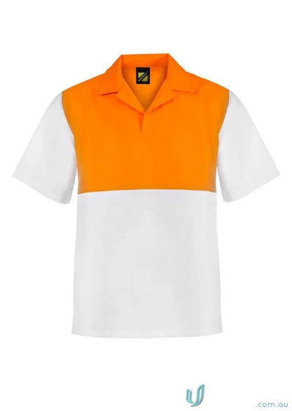 Orange and white short-sleeved polo shirt from HiVis Jac Shirt for ensuring workplace safety