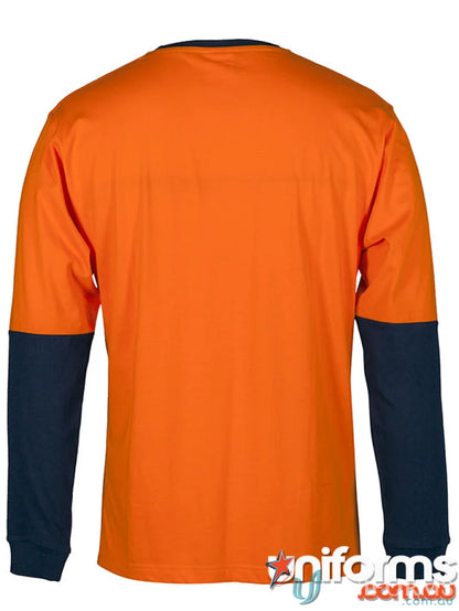 Orange long-sleeved work shirt with navy blue sleeves, meets Australian safety standards