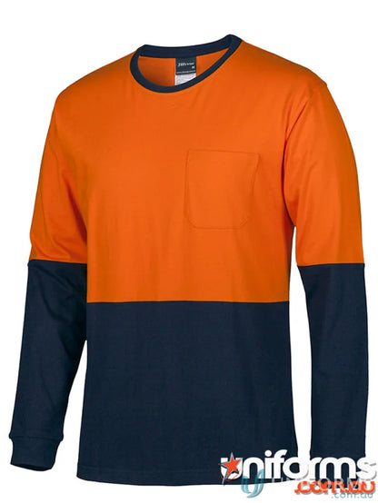 Orange and navy blue long-sleeved work shirt with chest pocket, meets Australian safety standards