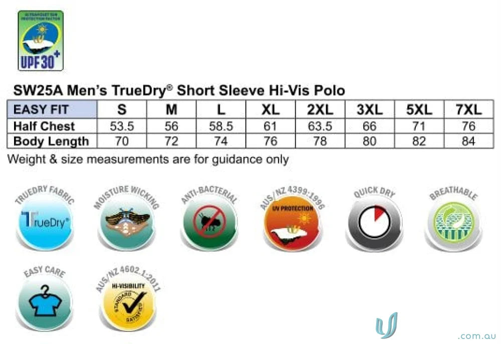 Size chart for SW25A Hi-Vis Legend Legend SS Polo with contrast color sleeves