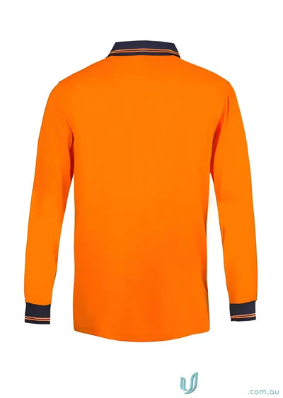 Orange long-sleeve polo shirt with navy and orange double stripe collar for workwear uniforms