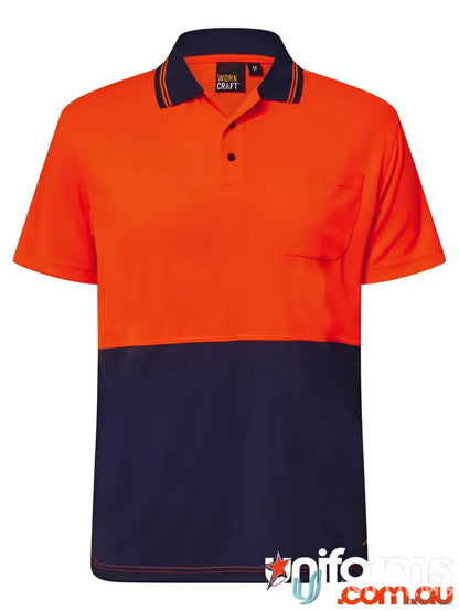 Orange and navy blue HiVis Lightweight SS Polo with black collar and buttons for uniforms