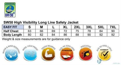 Hivis Long Line Jacket Polar size chart for winning spirit sw50 line jacket safety gear