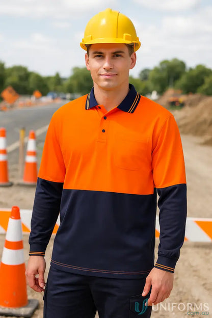 Man in hi-vis polo with contrasting collar and yellow hard hat for maximum visibility