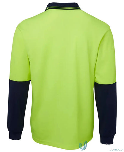 HiVis LS Cotton Back Polo in lime green with navy sleeves and striped collar for workwear
