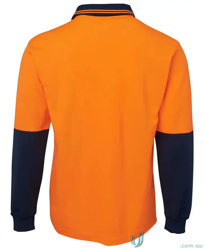 Orange and navy blue cotton long-sleeve polo shirt from HiVis LS Cotton Back Polo workwear collection
