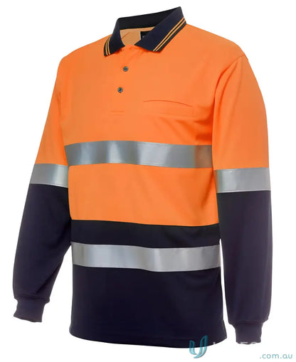 Orange and navy blue cotton workwear polo shirt with reflective stripes for uniforms