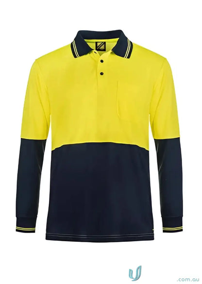 Two-tone long-sleeved pocket polo shirt from HiVis LS Pocket collection featuring micromesh fabric