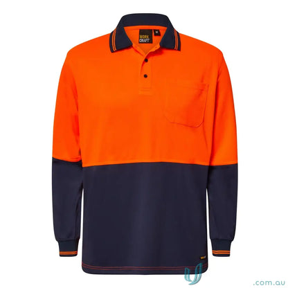 Orange and navy blue HiVis LS Pocket Polo with dark collar and chest pocket