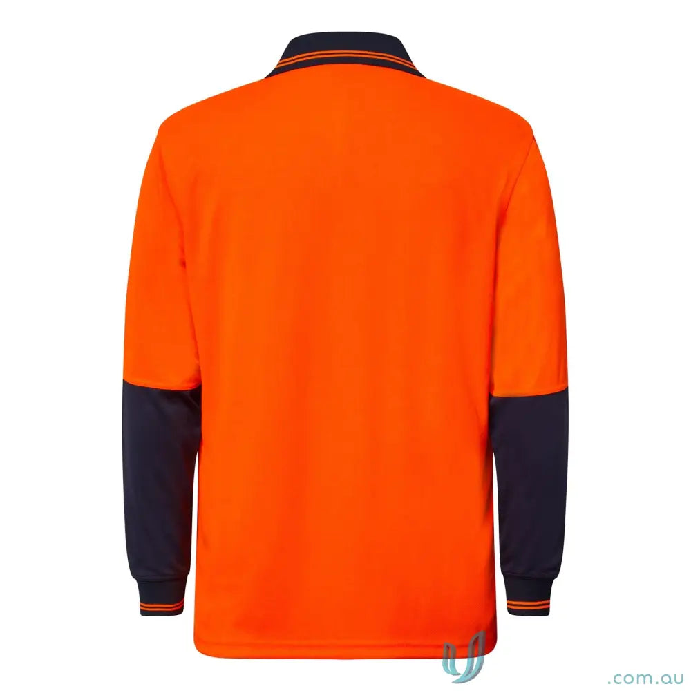 Orange and navy HiVis LS Pocket Polo with striped cuffs and collar, perfect for work