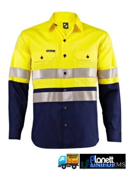 Yellow and navy blue hi-vis work shirt with 3M tape for safety and visibility