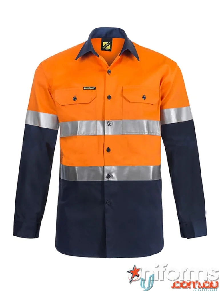 HiVis LS Work Shirt with 3M Tape in Orange and Navy Blue Reflective Stripes