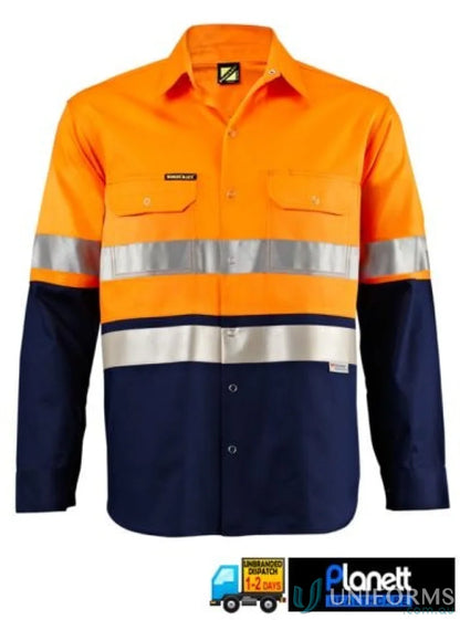 Orange and navy blue HiVis LS Shirt with reflective tape and reinforced stress points