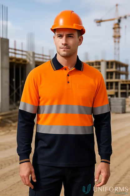 Men’s HiVis LS Taped Polo with double stripe, high-vis workwear and uniforms