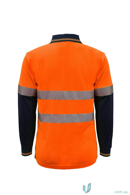 Orange and navy HiVis LS Taped Polo with double stripe reflective workwear