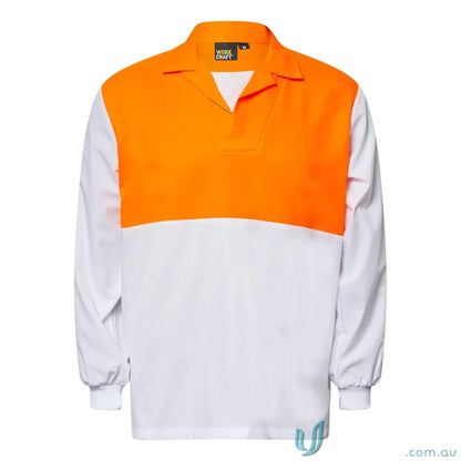 Orange and white long-sleeved HiVis Modesty Insert Jac Shirt with concealed tab for food industry