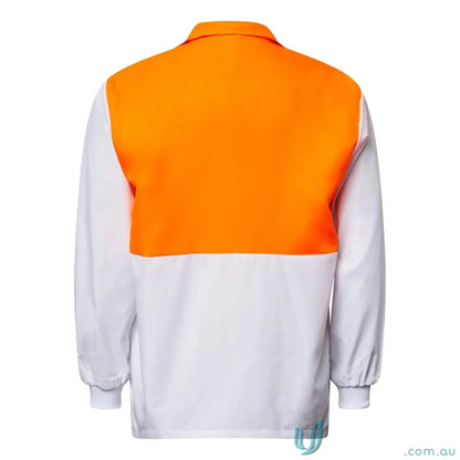 Orange and white long-sleeved HiVis Modesty Insert Jac Shirt with concealed tab for food industry