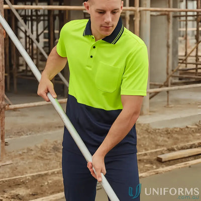 Neon yellow navy blue cotton work polo shirt with chest pocket 7XL HiVis Non Cuff