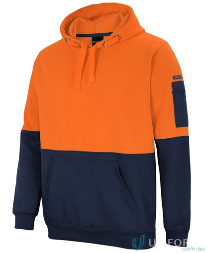 HiVis Pull Over Hoodie in orange and navy blue with utility pocket, perfect for uniforms 2xs to 7xl