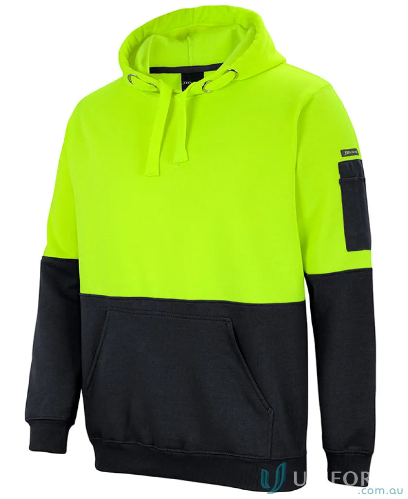 HiVis Pull Over Hoodie in neon yellow and black, perfect for uniforms, sizes 2XS to 7XL
