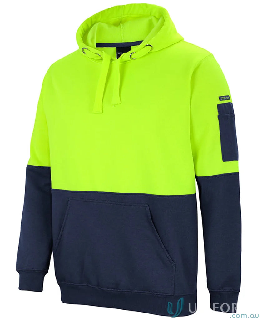 HiVis Pull Over Hoodie in neon yellow and navy blue, perfect for 2xs to 7xl uniforms