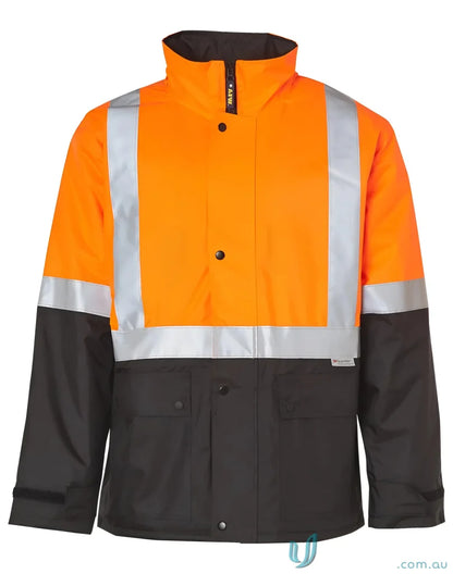 Orange and black HiVis Rain Proof Quilted Jacket showing its rain proof quilted design