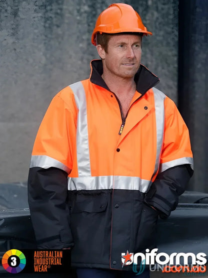 Orange and black high-visibility rain proof quilted jacket from HiVis Rain Proof SW28A