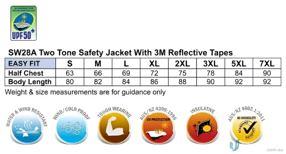 Safety jacket size chart and features for the HiVis Rain Proof Quilted Jacket with winning spirit sw28a