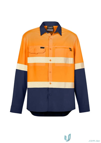 Orange and navy blue hivis segmented tape outdoor workwear shirt Zw470