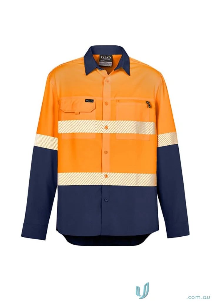 Orange and navy blue hivis segmented tape outdoor workwear shirt Zw470