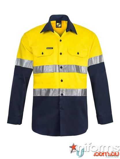 Yellow and navy blue long-sleeved HiVis shirt with reflective tape for safety