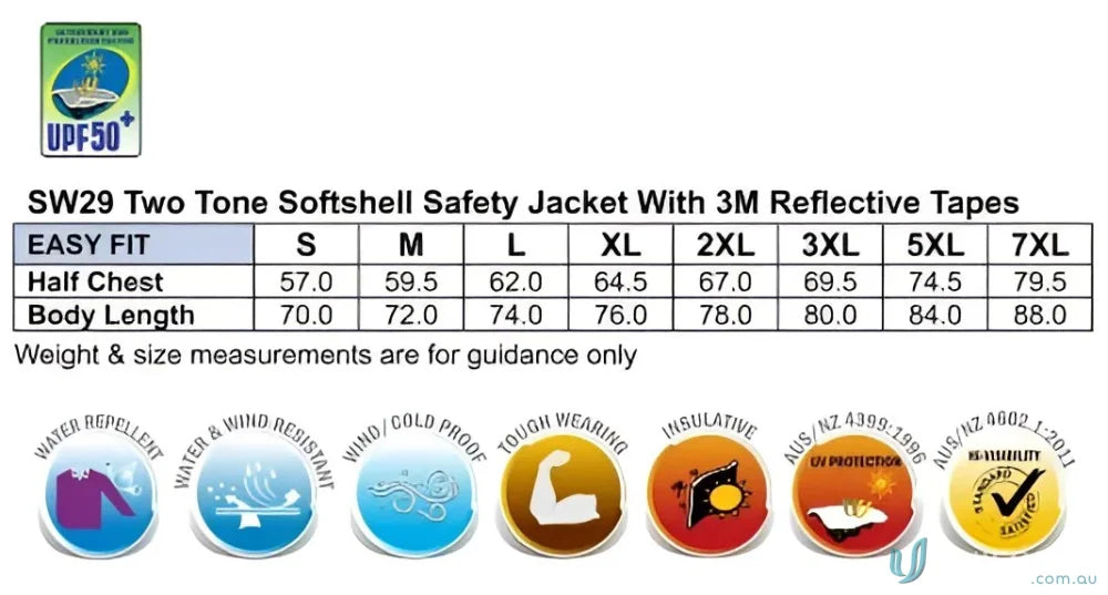 Size chart for HiVis Softshell Jacket With 3M Tape showcasing winning spirit and SW29 Hi-Vis fit