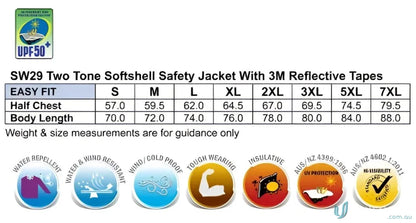 Size chart for HiVis Softshell Jacket With 3M Tape showcasing winning spirit and SW29 Hi-Vis fit
