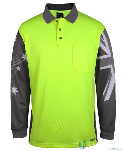 Lime green long-sleeve polo shirt with gray sleeves and Australian Southern Cross for workwear
