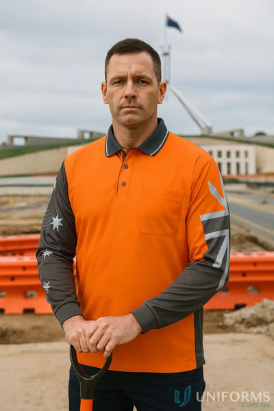 Man in HiVis Southern Cross LS Polo workwear holding a shovel for outdoor jobs