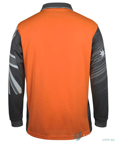 Orange and charcoal gray Southern Cross LS Polo workwear with white star design