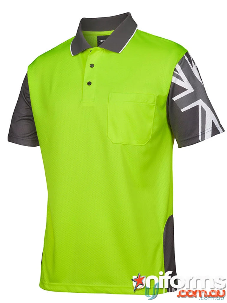 Lime green HiVis Southern Cross SS Polo workwear with patterned sleeve and chest pocket