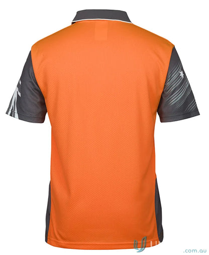 Orange and grey Southern Cross workwear polo shirt with white trim and patterned sleeves